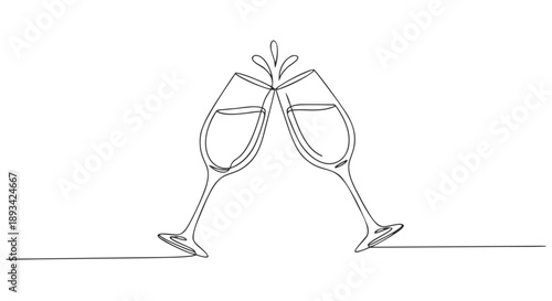Minimalist continuous line vector illustration of two champagne glasses clinking in celebration