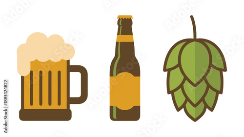Beer icons in flat design with bright colors on white background for brewery advertising