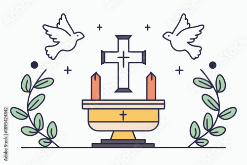 Christian religious sacraments vector illustration with holy cross, peaceful doves, and olive branches, perfect for faith, baptism, communion, and spiritual themes.