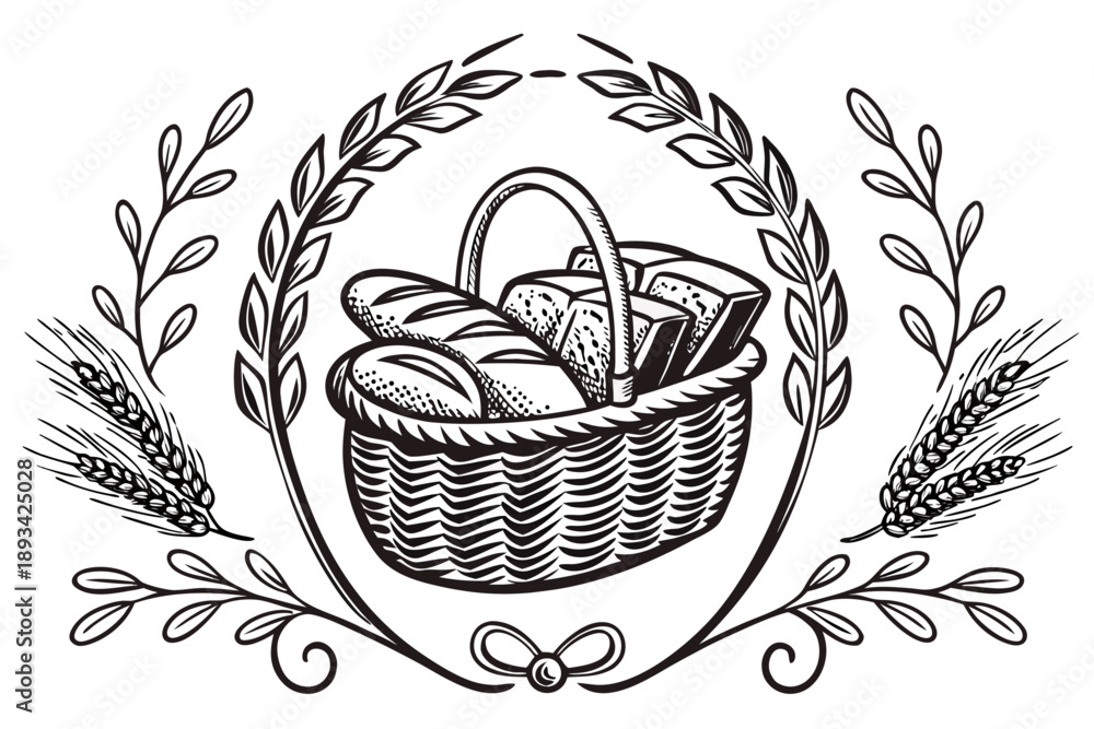 Fototapeta premium Vintage basket of bread with wheat sheaves illustration