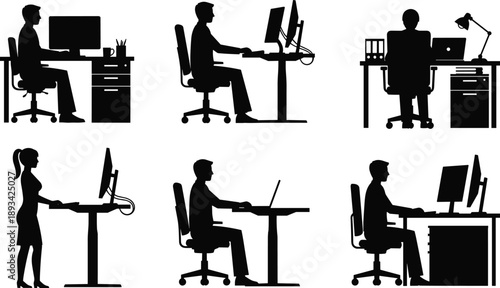 Black Silhouette Set of People Working at Desks Featuring Standing Desk Ergonomics Modern Office Workspaces Professional Employees Using Laptops and Computers for Business Productivity