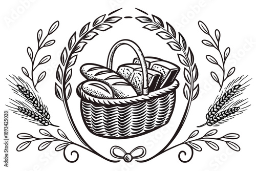 Vintage basket of bread with wheat sheaves illustration
