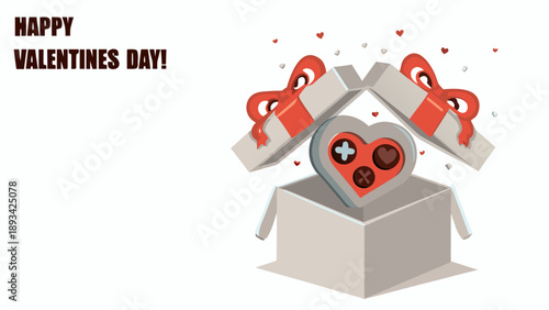 Flat vector illustration of a valentine's day gift box opening to reveal a heart with a game controller inside on white background with hearts and ribbons