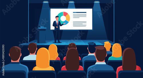 Presentation vector illustration of a speaker presenting a chart to an audience on a stage with a projector screen