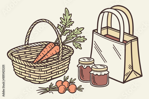 Fresh organic produce and homemade preserves illustration. hand-drawn vector art of carrots in a wicker basket, radishes, jam jars, and a sustainable shopping bag.