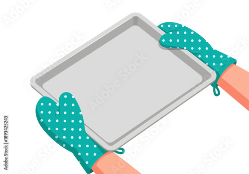 Clad in teal polka-dot oven mitts, a pair of hands firmly holds a clean, empty grey baking tray in this isometric vector illustration