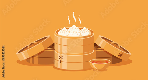 Steaming Dumpling Vector Illustration, Chinese Food Bamboo Steamer Basket, Delicious Asian Cuisine