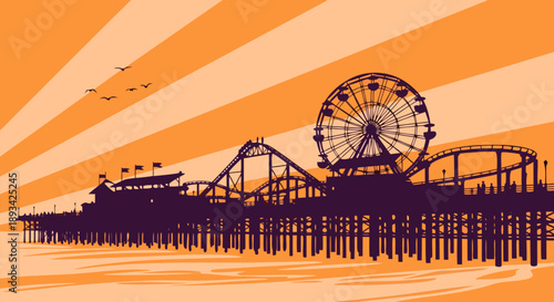 Amusement park vector illustration on a pier with a Ferris wheel and roller coaster at sunset with birds flying