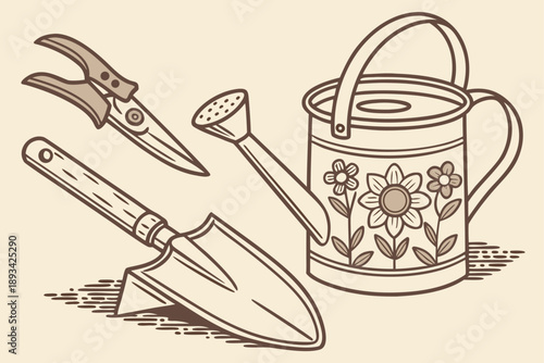 Vintage-style vector illustration of essential gardening tools, including pruning shears, hand trowel, and decorative watering can with flowers.