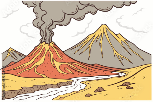 Cartoon vector illustration of an active volcano eruption with lava flow and smoke cloud