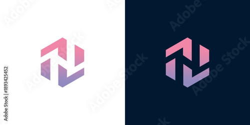 Abstract hexagonal geometric logo with gradient colors on white and dark backgrounds
