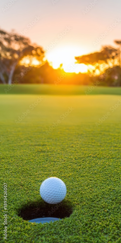 Obraz premium Golf ball hovering above hole at sunset