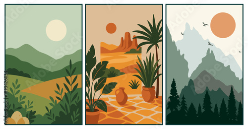 Boho minimalist landscape wall art set. Abstract desert, mountain, forest illustration in earthy terracotta tones.