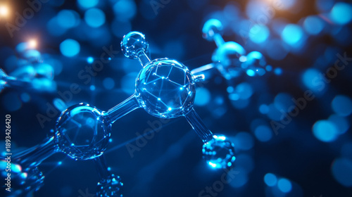Abstract glowing blue molecular structure symbolizing chemistry, nanotechnology, science research, and complex digital data connections