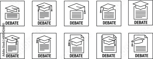 Education debate document icon set featuring graduation cap and paper symbols in clean outline style for academic discussion learning presentation and school concept designs