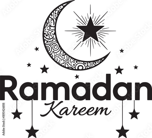 Ramadan Kareem Greeting Design with Ornate Crescent Moon, Shining Star, and Hanging Sparkles - Black and White Islamic Holiday Vector