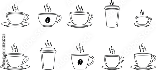 Hot coffee cup and takeaway mug outline icon set featuring steaming beverages, cafe drink symbols, morning caffeine concept, barista menu design, and minimal line art