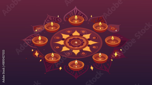 Diwali decorative diya lamps in a circular pattern with warm lighting on a dark background for festival celebrations and home decor