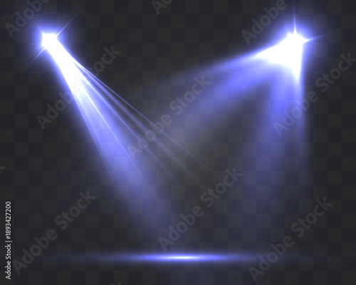 Light blue stage spotlights with glowing beams on transparent background.
