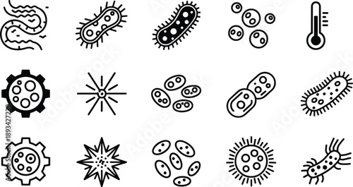 Microorganism and bacteria icon set showing virus cells germs and laboratory science symbols in clean outline style for medical biology research concepts