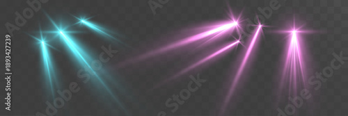 Light cyan and pink stage spotlights with glowing beams on transparent background.
