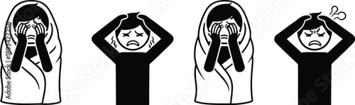 Mental health stress anxiety icons, showing depression frustration emotional pain crying figures, isolated black white vector illustration, flat design set