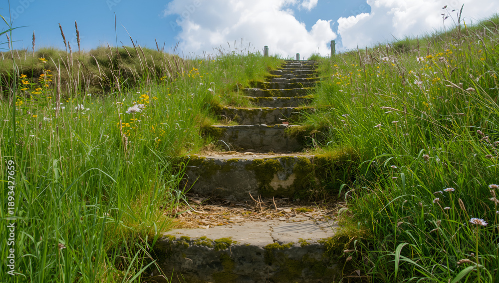 Obraz premium Stone Staircase in Green Meadow Under Blue Sky with Clouds
