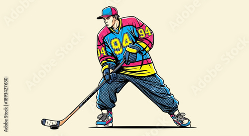 Hockey Street illustration of a player in action, skating with stick, wearing number 94 jersey, in a dynamic street hockey scene, vector art