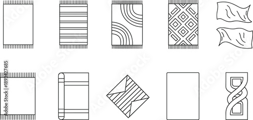 Minimal rug and carpet outline icon set featuring modern textile patterns, woven fabric designs, home decor elements, interior styling symbols, and abstract floor coverings