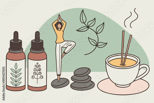 Holistic self-care and wellness vector illustration with yoga, essential oils, and spa elements