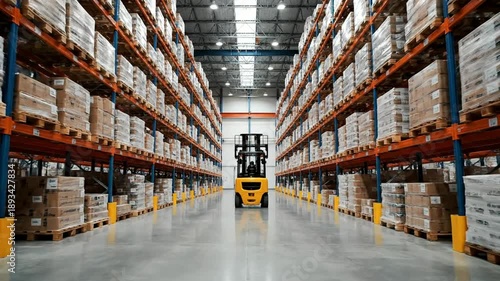 Forklift in Warehouse with Shelves and Boxes.