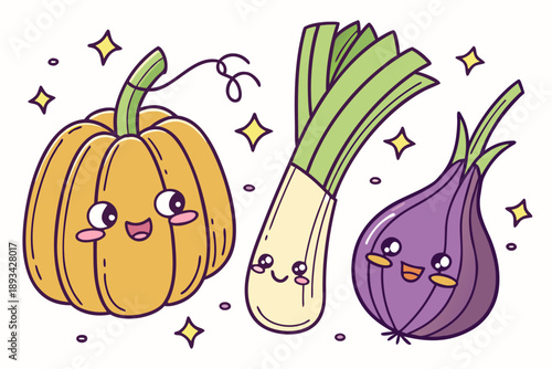 Kawaii vegetable vector illustration featuring cute smiling cartoon characters: pumpkin, leek, and red onion with sparkles for healthy food concepts