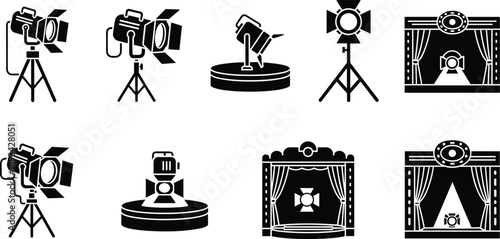 Studio lighting and stage spotlight icon set featuring film lights, theater scenes, and professional illumination equipment isolated on white background
