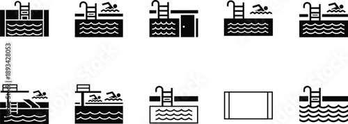 Swimming pool icon set showing indoor and outdoor pools, ladders, swimmers, water levels, and recreational facilities isolated on white background