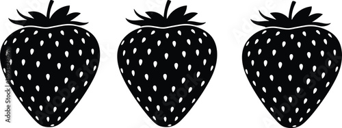 Strawberry silhouette icon set featuring fresh fruit shapes, organic food symbols, minimal black vector design, healthy nutrition concept, natural berry illustration for packaging and branding
