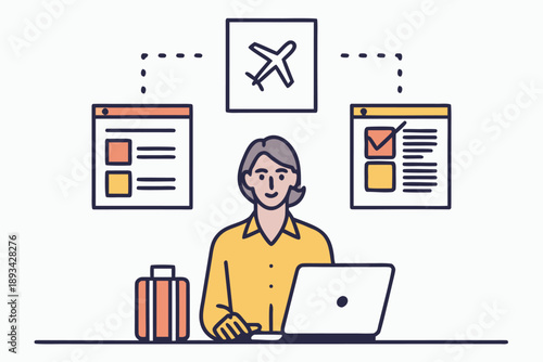 Online travel booking concept vector illustration showing a person using a laptop to make flight reservations with icons for airplane, checklist, and luggage