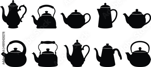 Vintage teapot silhouettes collection, classic kettle shapes, black isolated kitchenware icons, traditional tea brewing concept, minimal design illustration