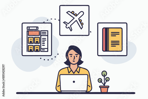 Woman arranging online travel booking and flight itinerary on laptop, representing digital travel planning and business trip management vector illustration