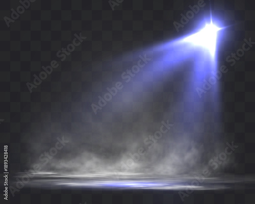 Light blue stage spotlights with glowing beams and smoke on dark background.
