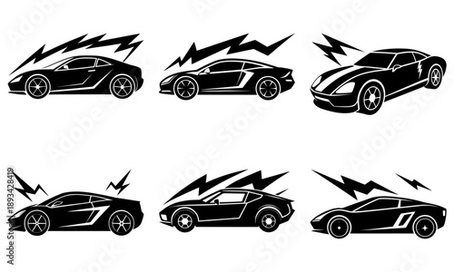Collection of sleek sports cars illustrated in various dynamic poses with lightning bolts