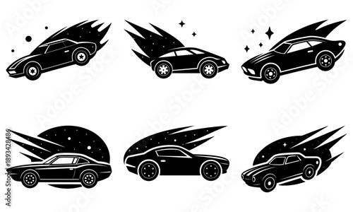 Set of six black sports cars in motion with motion blur effects and stars