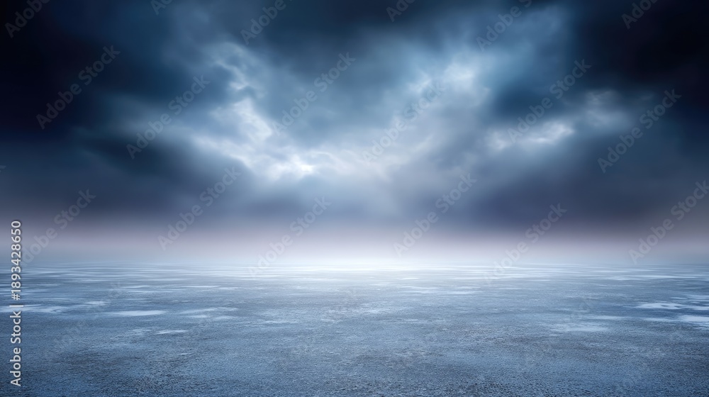 Fototapeta premium Dramatic Sky Over Calm Ocean Surface with Dark Clouds and Soft Blue Light Illuminating the Water at Dusk