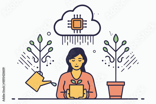 Woman nurturing plant with cloud technology vector illustration for sustainable growth and digital transformation