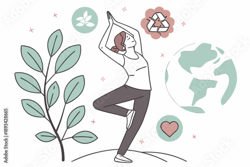 Woman practicing yoga with nature and eco-friendly symbols. sustainable living, health, and well-being concept vector illustration.