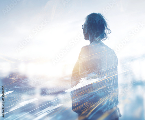 Double exposure of data graphs and anonymous person — future tech, AI, workforce, analytics.