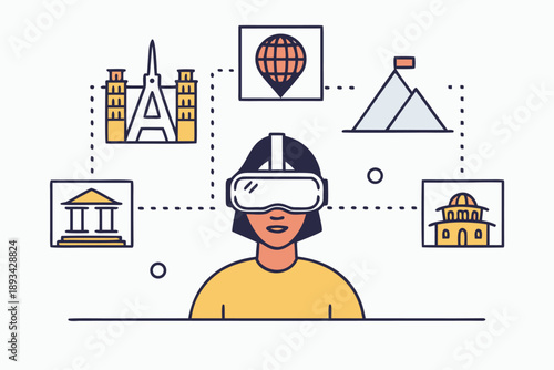 Vector illustration of virtual reality tourism. person wears vr headset to virtually explore world landmarks, cultural sites, and travel destinations.