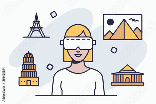 Woman wearing vr headset exploring world landmarks: virtual reality travel concept vector illustration