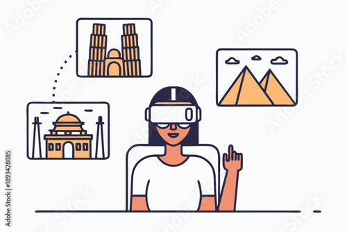 Woman using vr headset exploring virtual world landmarks, showcasing virtual tourism and future remote travel experiences flat vector illustration.