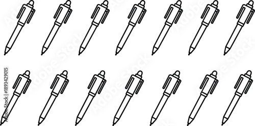 Black and white pen icon pattern set with ballpoint writing tools, stationery symbols, and minimalist outline vector design elements