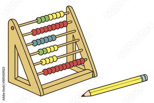 Cartoon style vector illustration of a classic wooden abacus and pencil for educational resources, mathematics, and childhood learning concepts